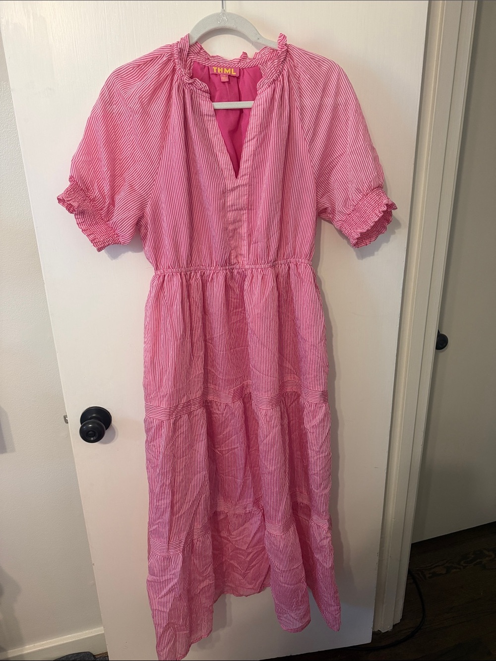 THML women’s Pink Striped Tiered Maxi Dress Medium